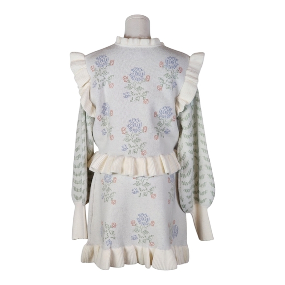 MABLE Floral Knit Ruffle Sweater Dress Puff Sleeves Cottagecore M - Picture 6 of 10